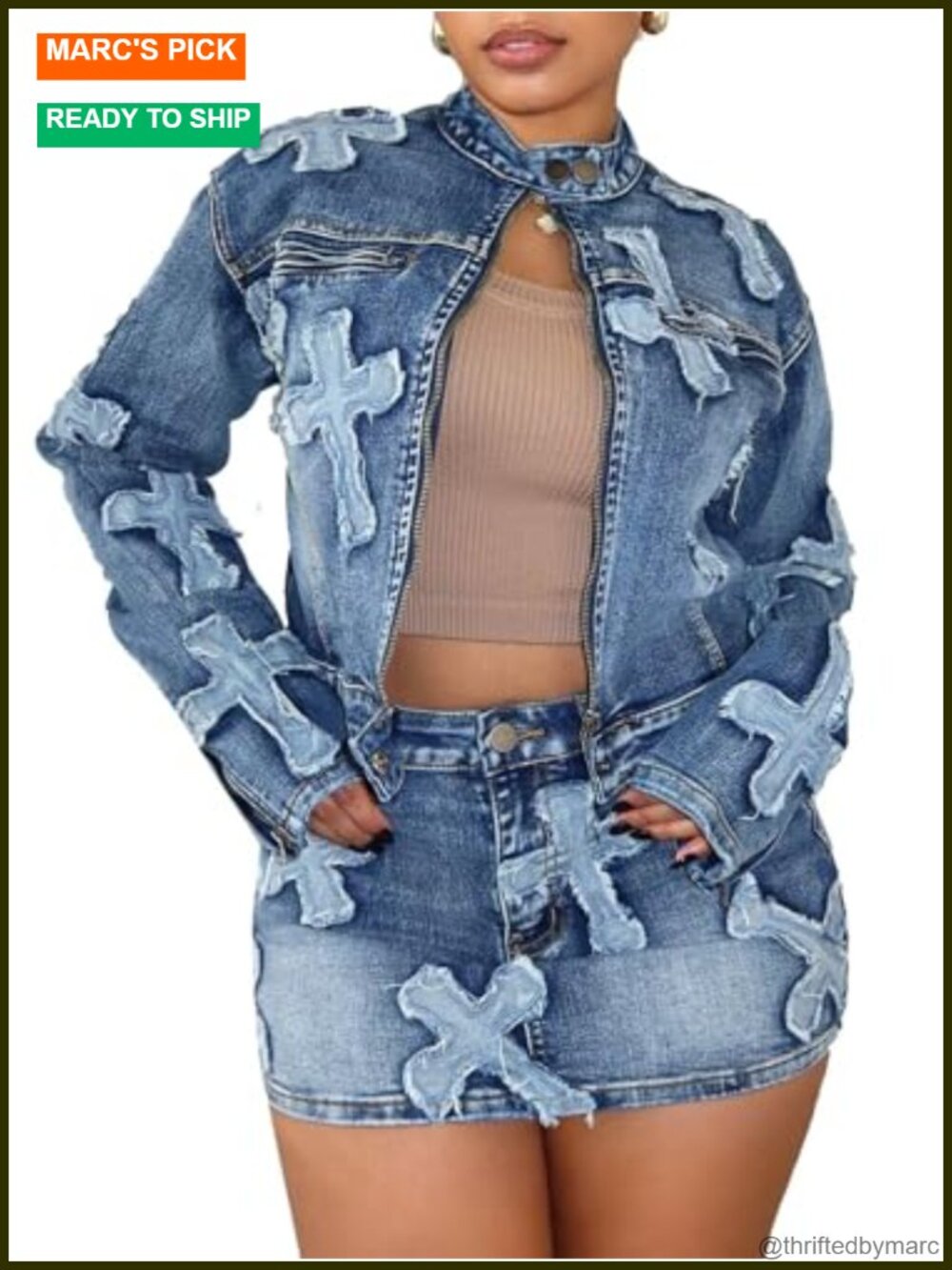 Womens Denim 2 Piece Set Cropped Jacket Mini Skirt Y2K Streetwear